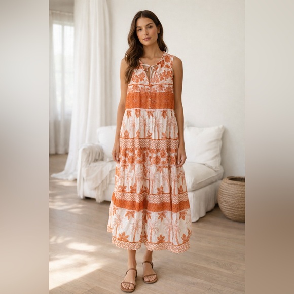 Johnny Was Tiered Sleeveless Silk Blend Midi Dress Orange White Boho Size L